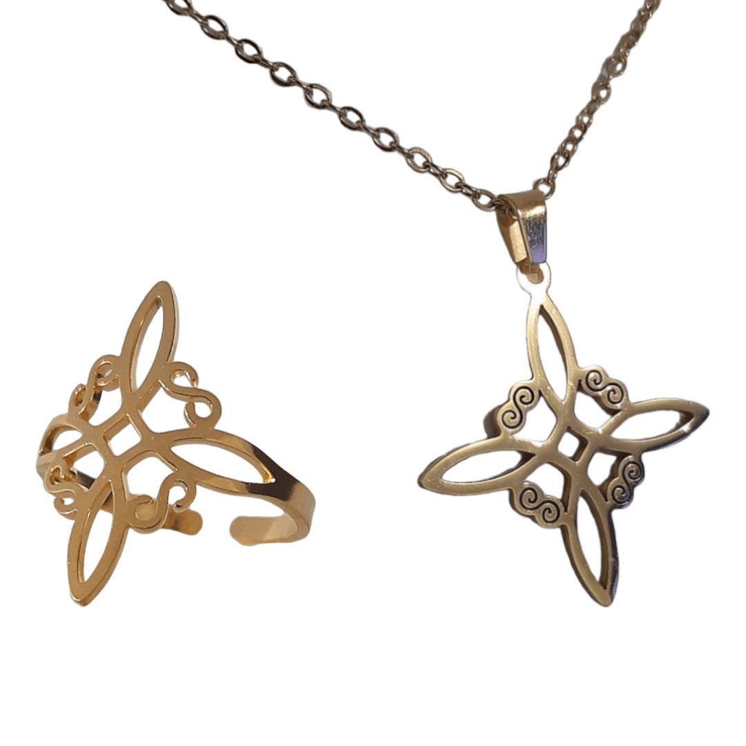 Anillo + Collar Nudo De Bruja Dorado - Diversa Colección