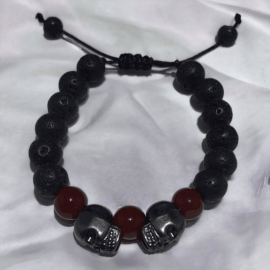 Pulsera Doble Cráneo Piedra Volcánica - Diversa Colección